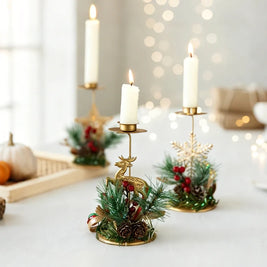 Christmas Candlestick Holders, Set of 3 Iron Taper Holders, Pine & Berry
