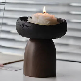Cement Candle Holder, Concrete & Wood Bowl for Wax Sand or Cup Candles