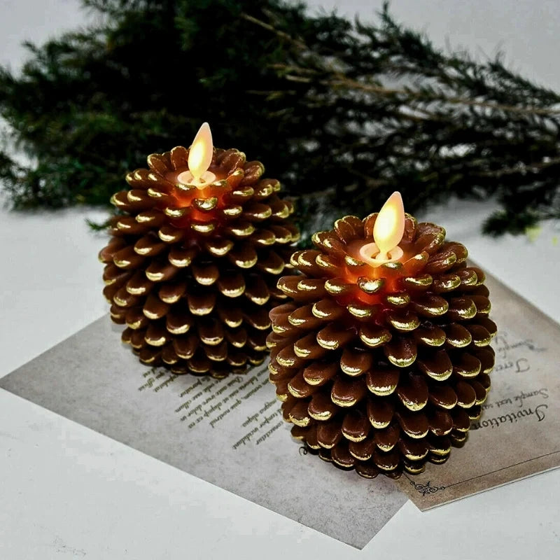 Flameless Pine Cone Candles, Real Wax LED Candles, Remote & Timer, 6.3in