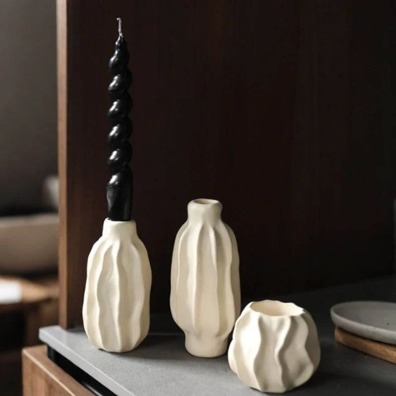 Ceramic Taper Candle Holder, Rippled Matte Candlestick Holder, 4 Shapes