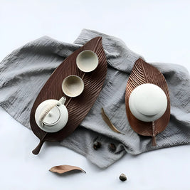 Walnut Wood Serving Tray, Leaf Shape Cheese Board & Tapas Tray, 9.8-18.9in