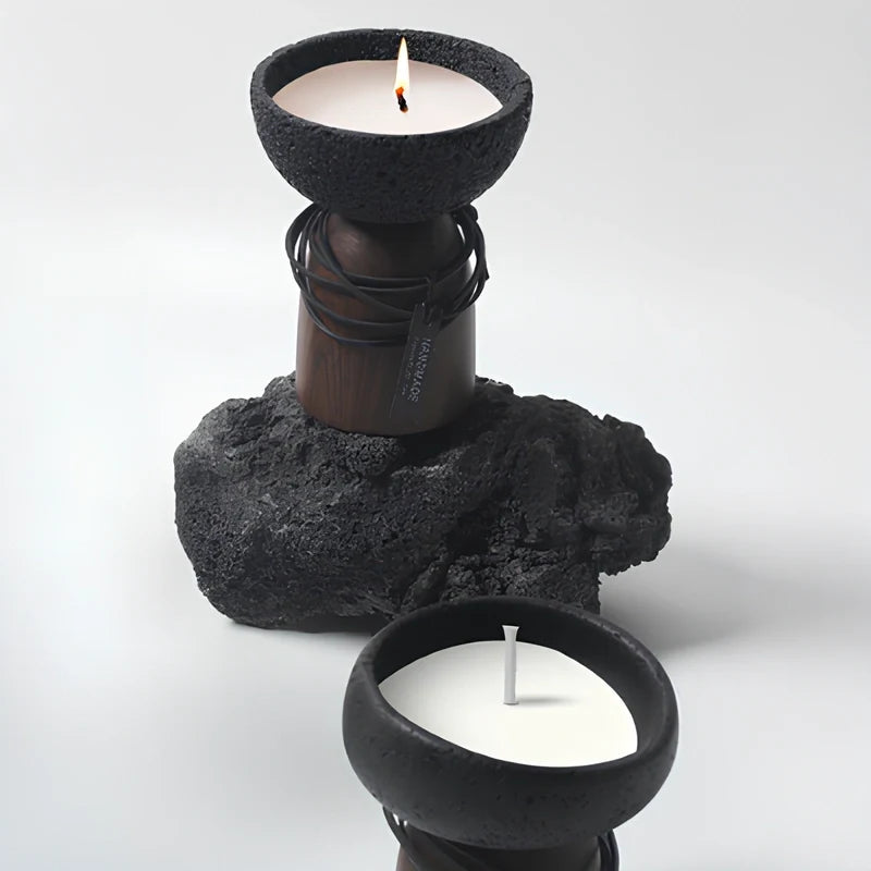 Cement Candle Holder, Concrete & Wood Bowl for Wax Sand or Cup Candles