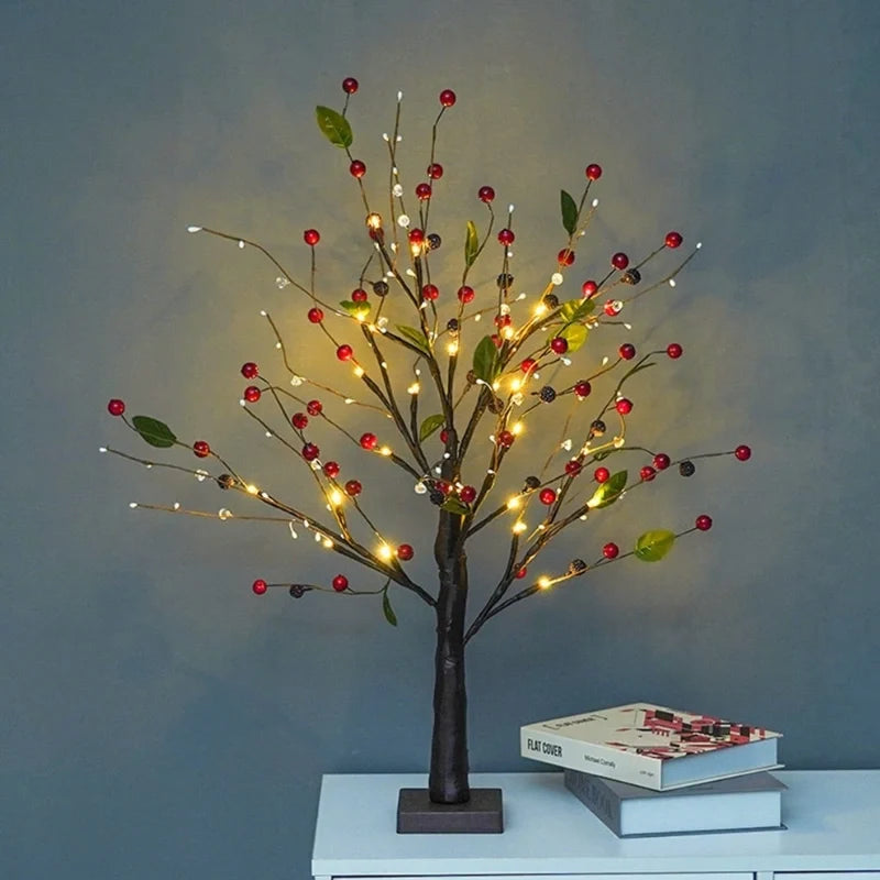 Lighted Tabletop Tree, 24 LED Battery Twig Tree, Red Berries or Gold, 22in