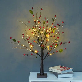Lighted Tabletop Tree, 24 LED Battery Twig Tree, Red Berries or Gold, 22in