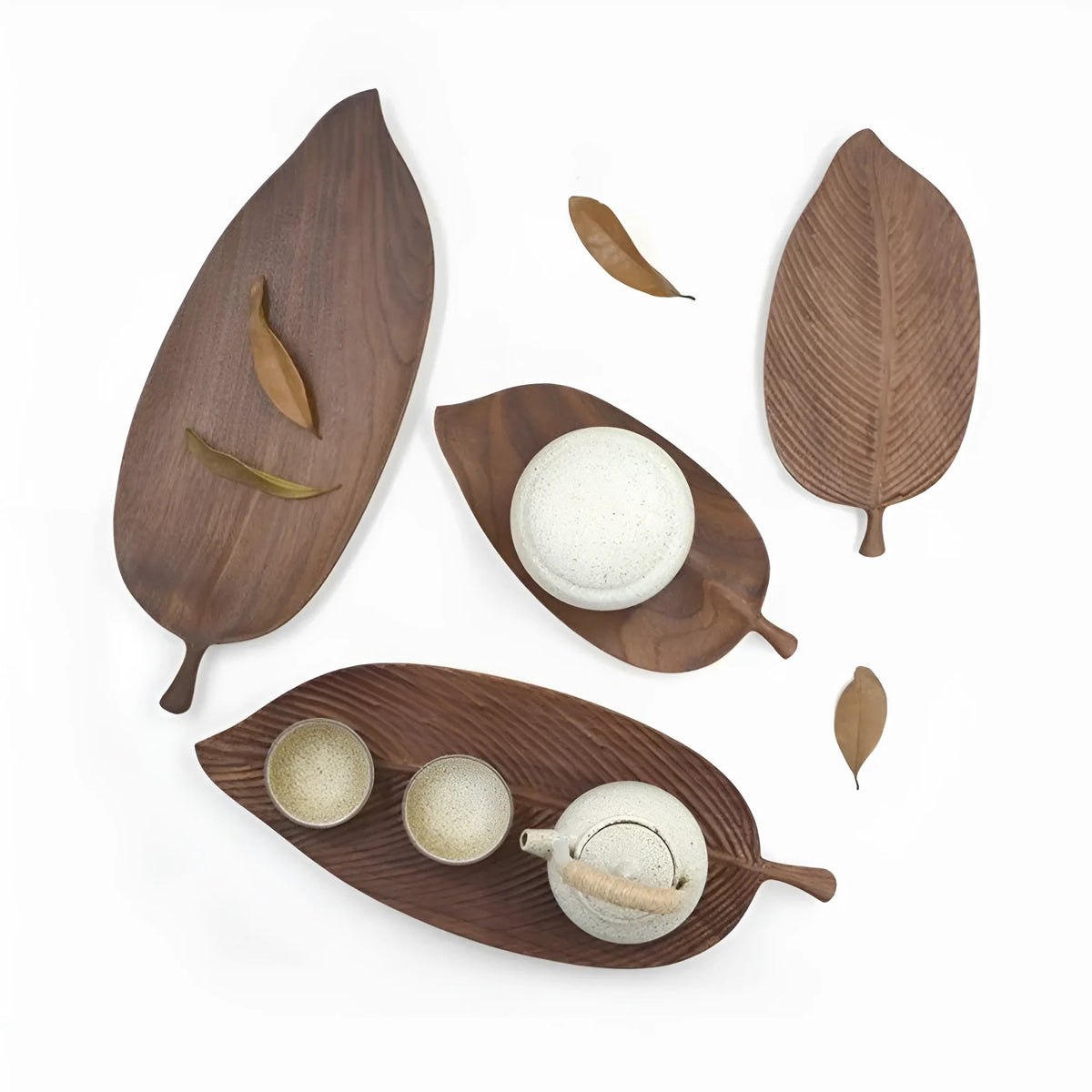 Walnut Wood Serving Tray, Leaf Shape Cheese Board & Tapas Tray, 9.8-18.9in