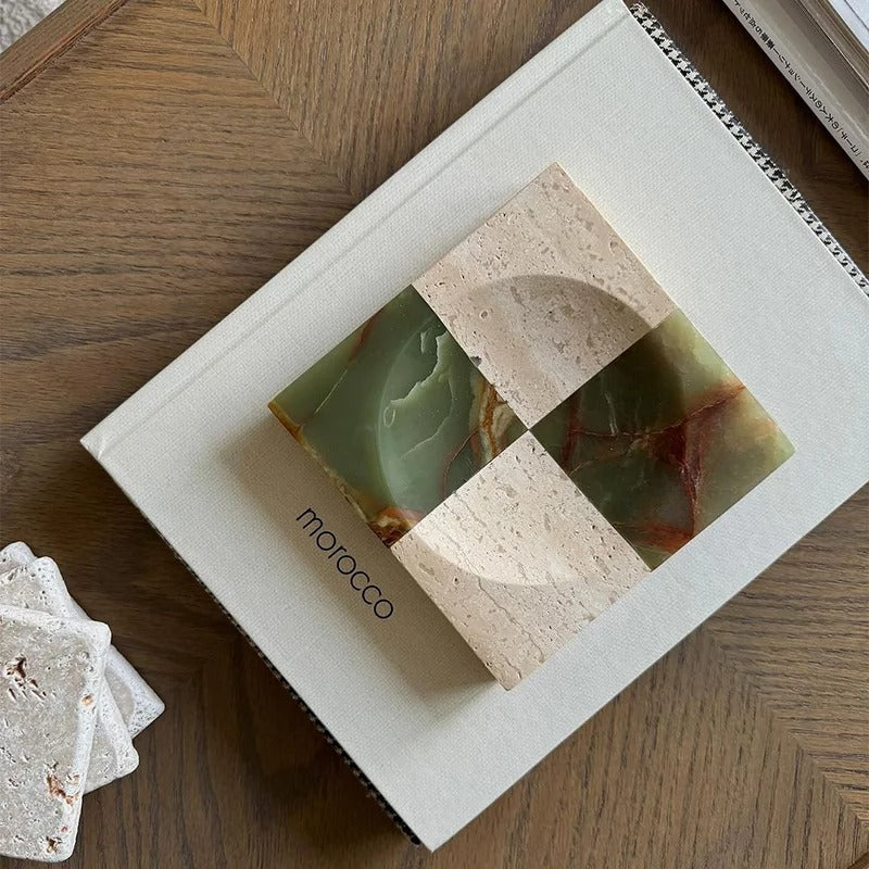 Checkered Marble Tray, Square Jewelry & Key Catchall for Entryway, 5.9in