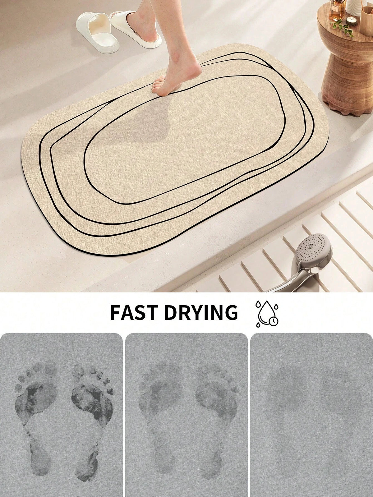 Oval Bath Mat with Geometric Line Pattern, Neutral Shower Room & Bathroom Rug, Non Slip Quick Dry, 4 Styles, 20x31in