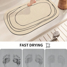 Oval Bath Mat with Geometric Line Pattern, Neutral Shower Room & Bathroom Rug, Non Slip Quick Dry, 4 Styles, 20x31in