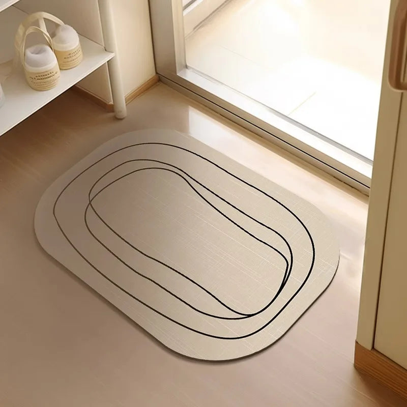 Oval Bath Mat with Geometric Line Pattern, Neutral Shower Room & Bathroom Rug, Non Slip Quick Dry, 4 Styles, 20x31in