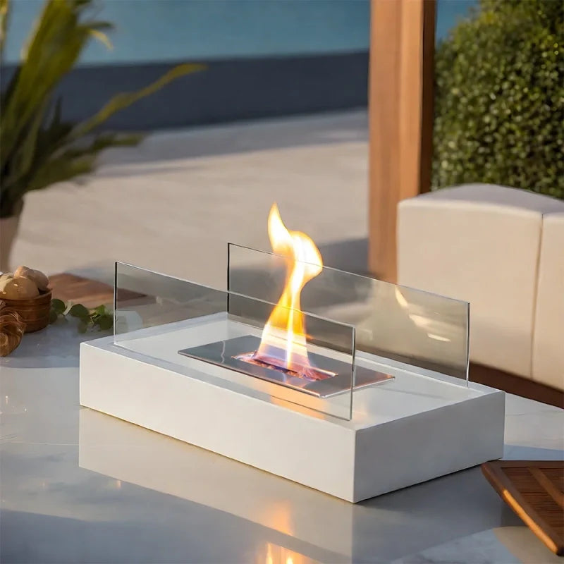 Tabletop Fireplace, Glass & Metal Ethanol Fire Bowl, Indoor & Outdoor, 14in