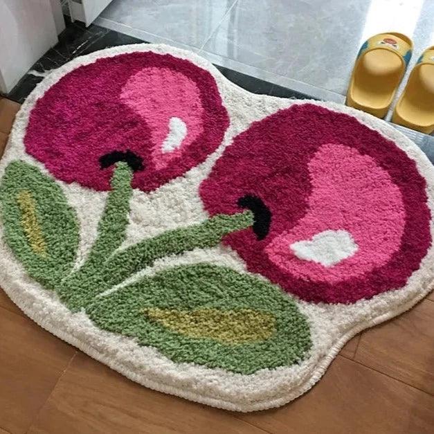 Cherry Bath Mat in Tufted Fabric, Soft Absorbent Bathroom & Shower Mat, Machine Washable Non Slip, 20x24in