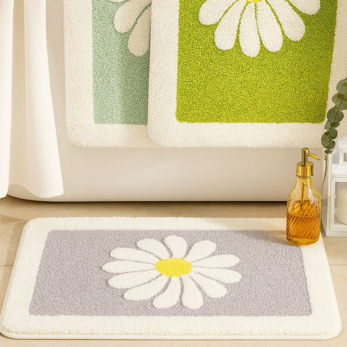 Daisy Print Bath Mat in Soft Microfiber, Floral Bathroom & Doorway Mat, Machine Washable Non Slip, 3 Colors, 3 Sizes