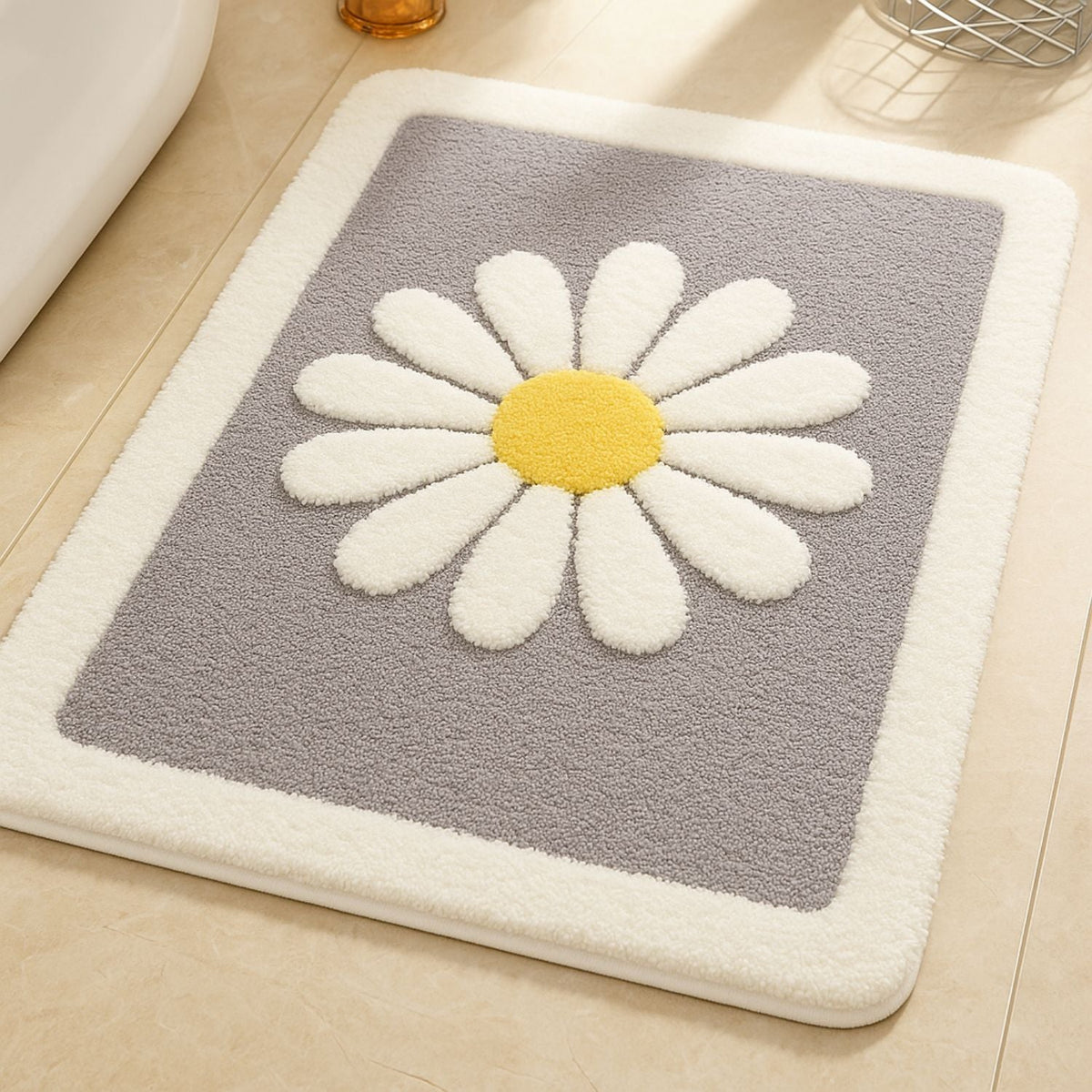 Daisy Print Bath Mat in Soft Microfiber, Floral Bathroom & Doorway Mat, Machine Washable Non Slip, 3 Colors, 3 Sizes