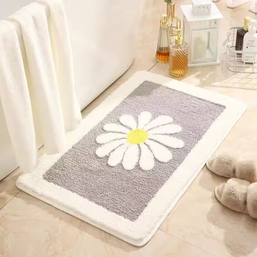Daisy Print Bath Mat in Soft Microfiber, Floral Bathroom & Doorway Mat, Machine Washable Non Slip, 3 Colors, 3 Sizes