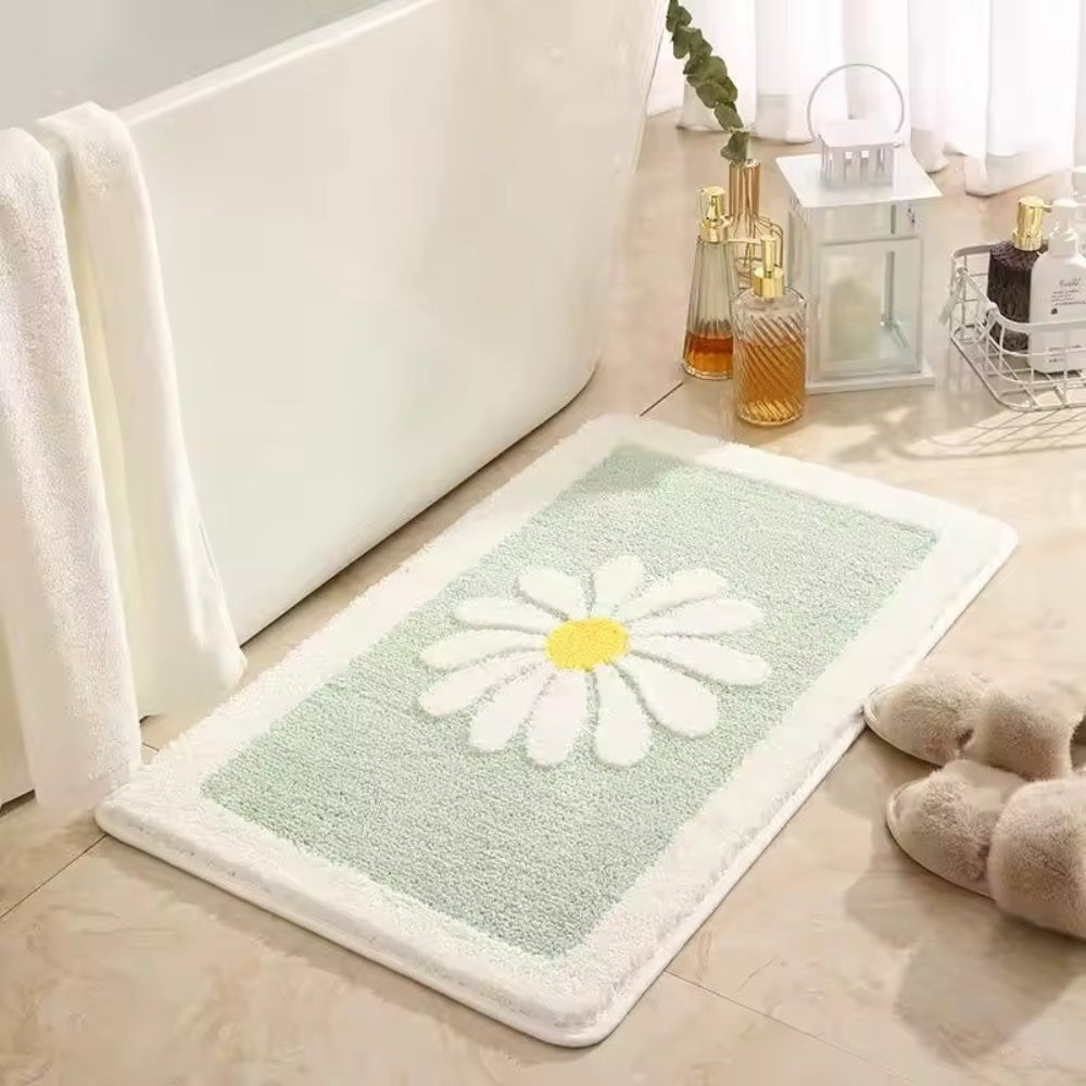 Daisy Print Bath Mat in Soft Microfiber, Floral Bathroom & Doorway Mat, Machine Washable Non Slip, 3 Colors, 3 Sizes
