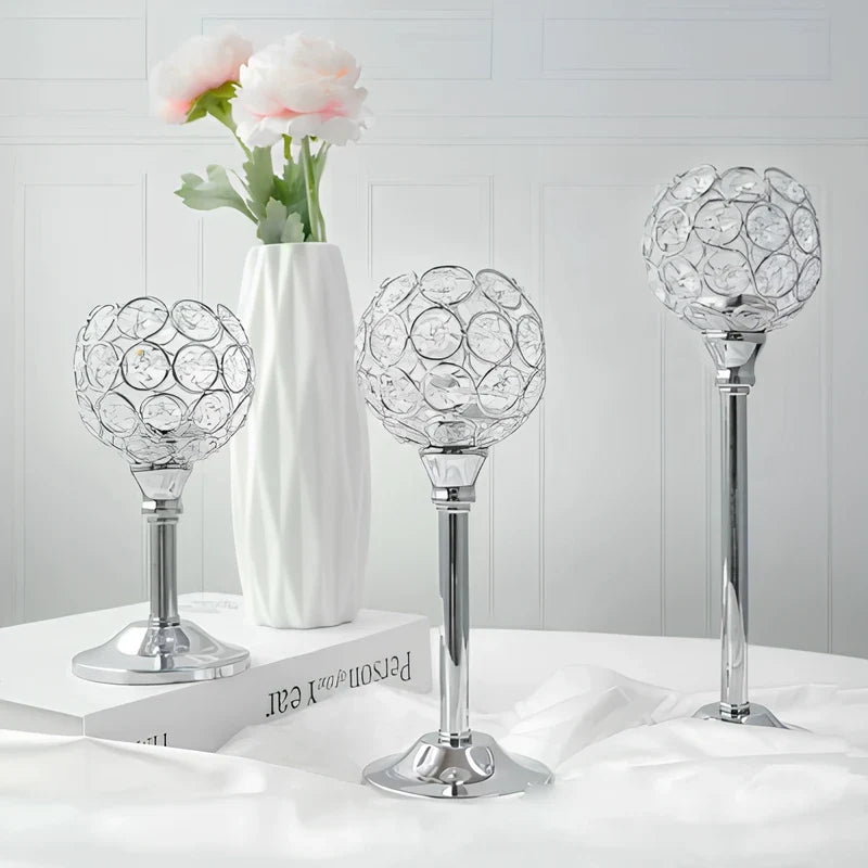 Glass Candle Holder, Crystal Look Beaded Globe on Stem, Gold or Silver