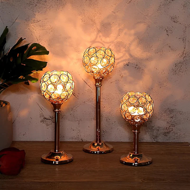 Glass Candle Holder, Crystal Look Beaded Globe on Stem, Gold or Silver