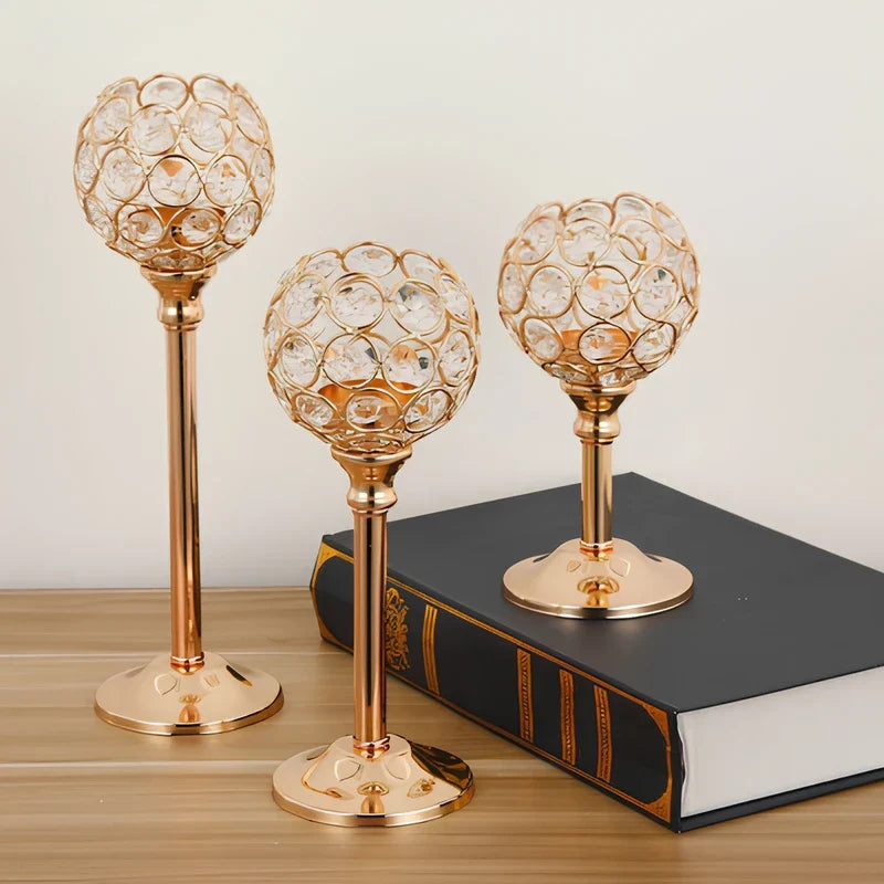 Glass Candle Holder, Crystal Look Beaded Globe on Stem, Gold or Silver