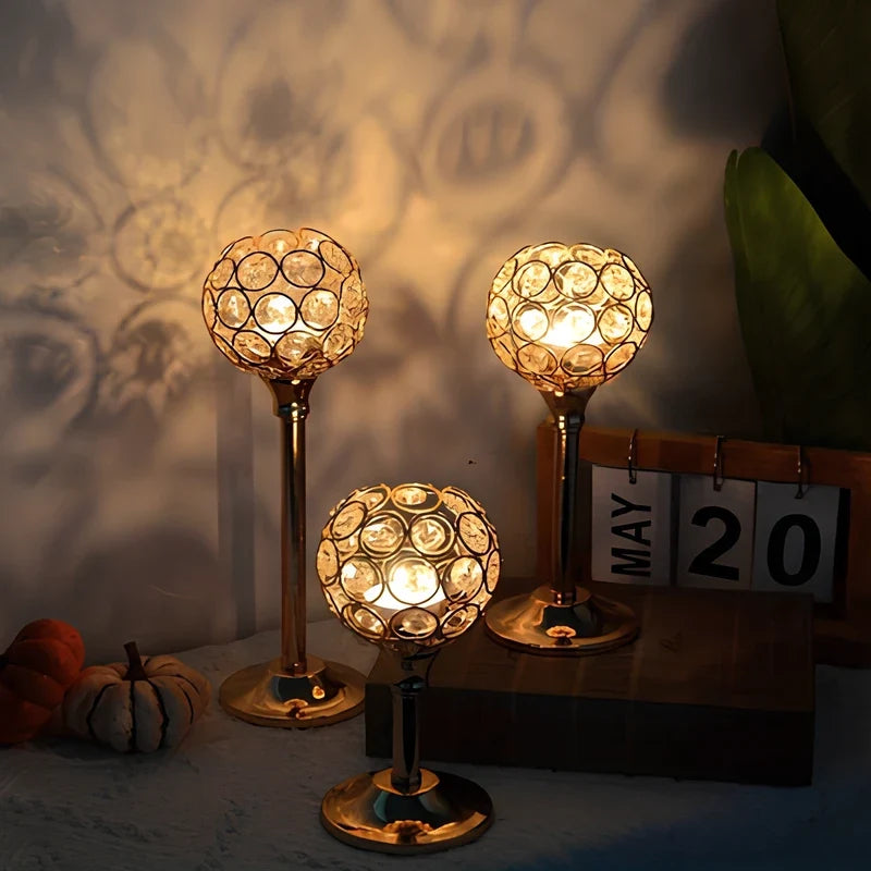 Glass Candle Holder, Crystal Look Beaded Globe on Stem, Gold or Silver