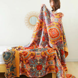 100% Cotton Woven Throw Blanket with Sun Design, Reversible Boho Sofa Throw & Summer Bed Layer, 2 Sizes