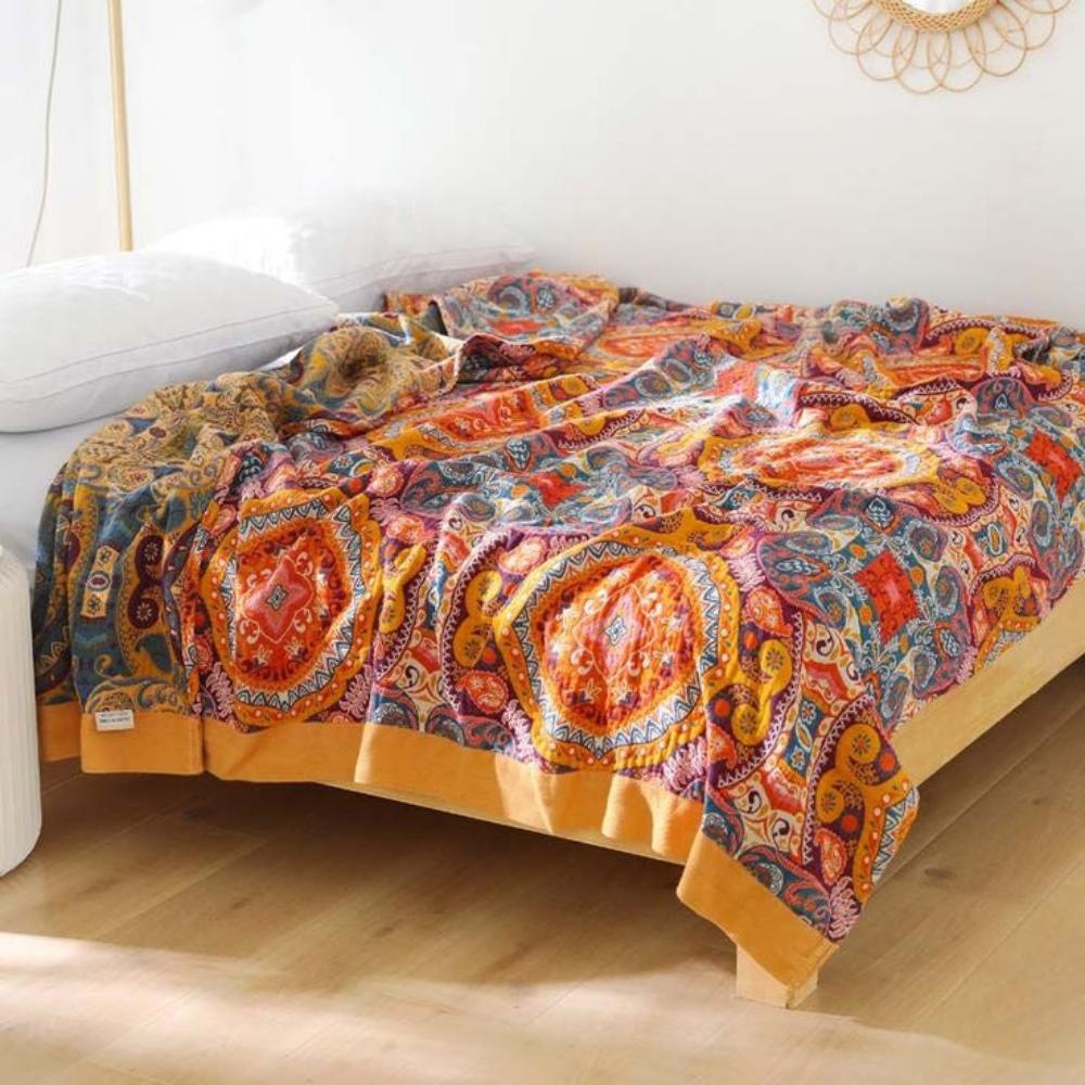 100% Cotton Woven Throw Blanket with Sun Design, Reversible Boho Sofa Throw & Summer Bed Layer, 2 Sizes