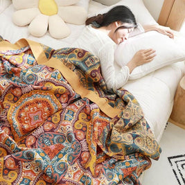 100% Cotton Woven Throw Blanket with Sun Design, Reversible Boho Sofa Throw & Summer Bed Layer, 2 Sizes