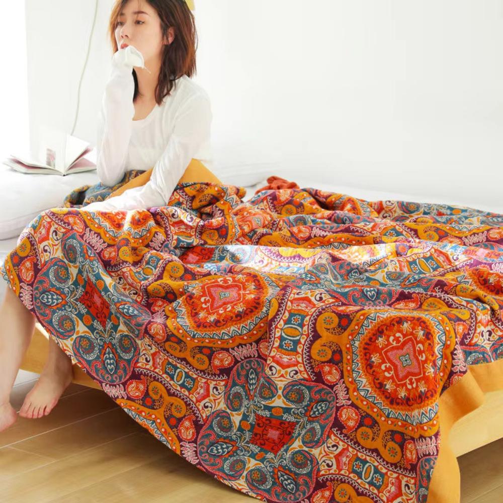 100% Cotton Woven Throw Blanket with Sun Design, Reversible Boho Sofa Throw & Summer Bed Layer, 2 Sizes