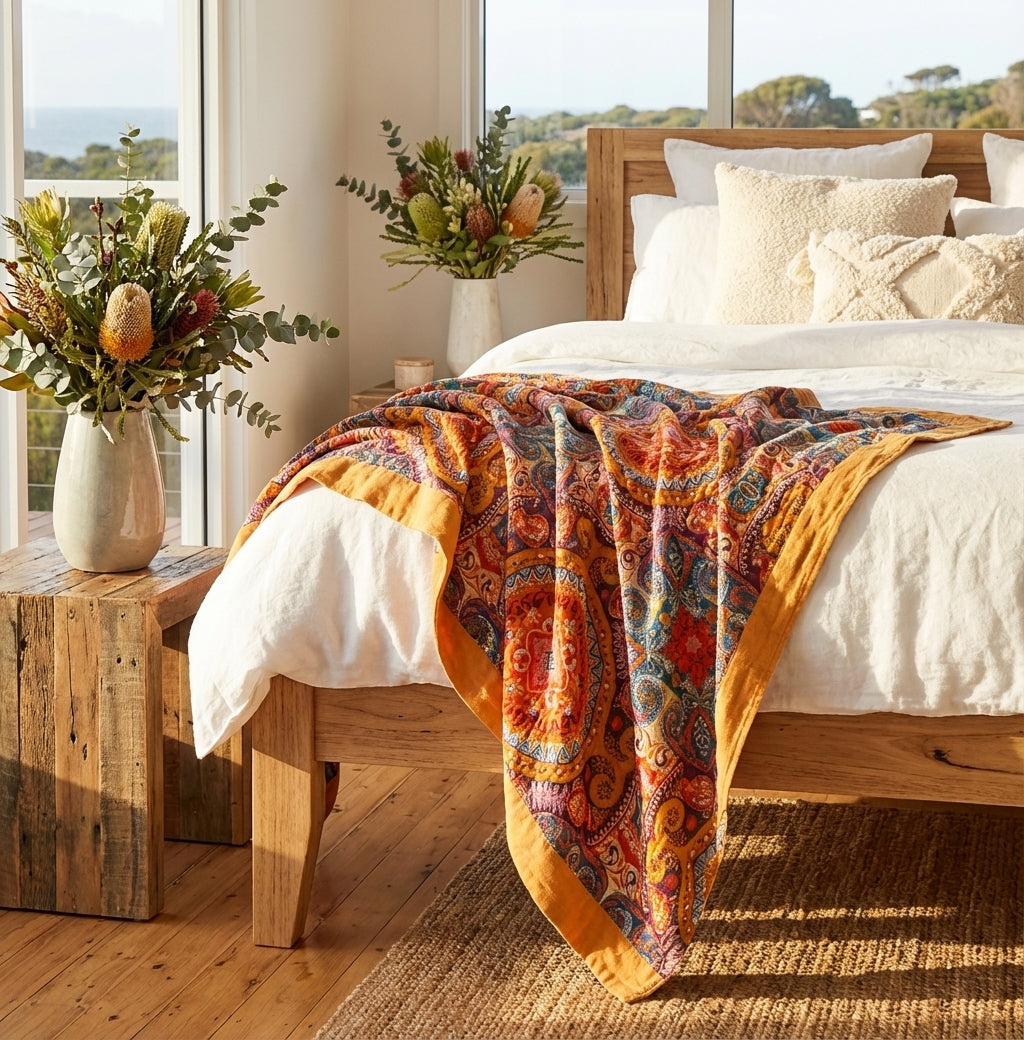 100% Cotton Woven Throw Blanket with Sun Design, Reversible Boho Sofa Throw & Summer Bed Layer, 2 Sizes