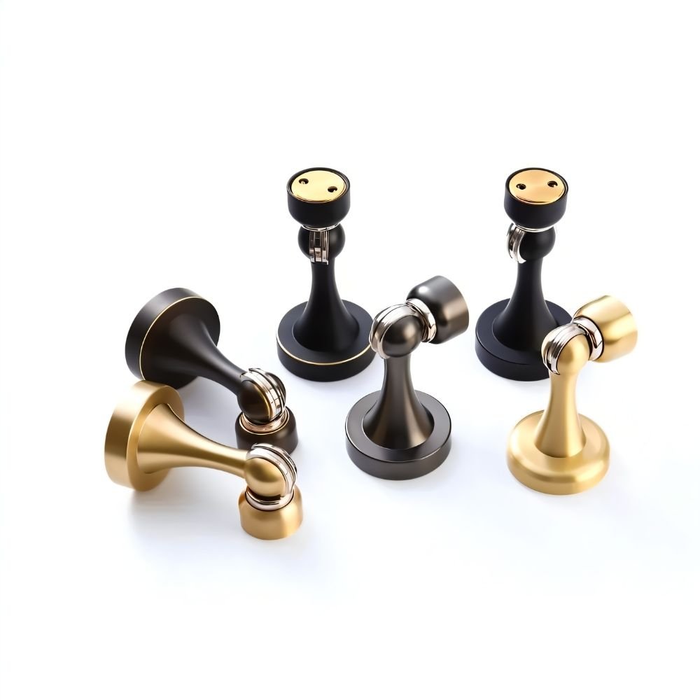 Curved Magnetic Door Stopper in Solid Brass, Minimalist Floor Mounted Door Holder, Corrosion Resistant, 5 Finishes, 3.3in