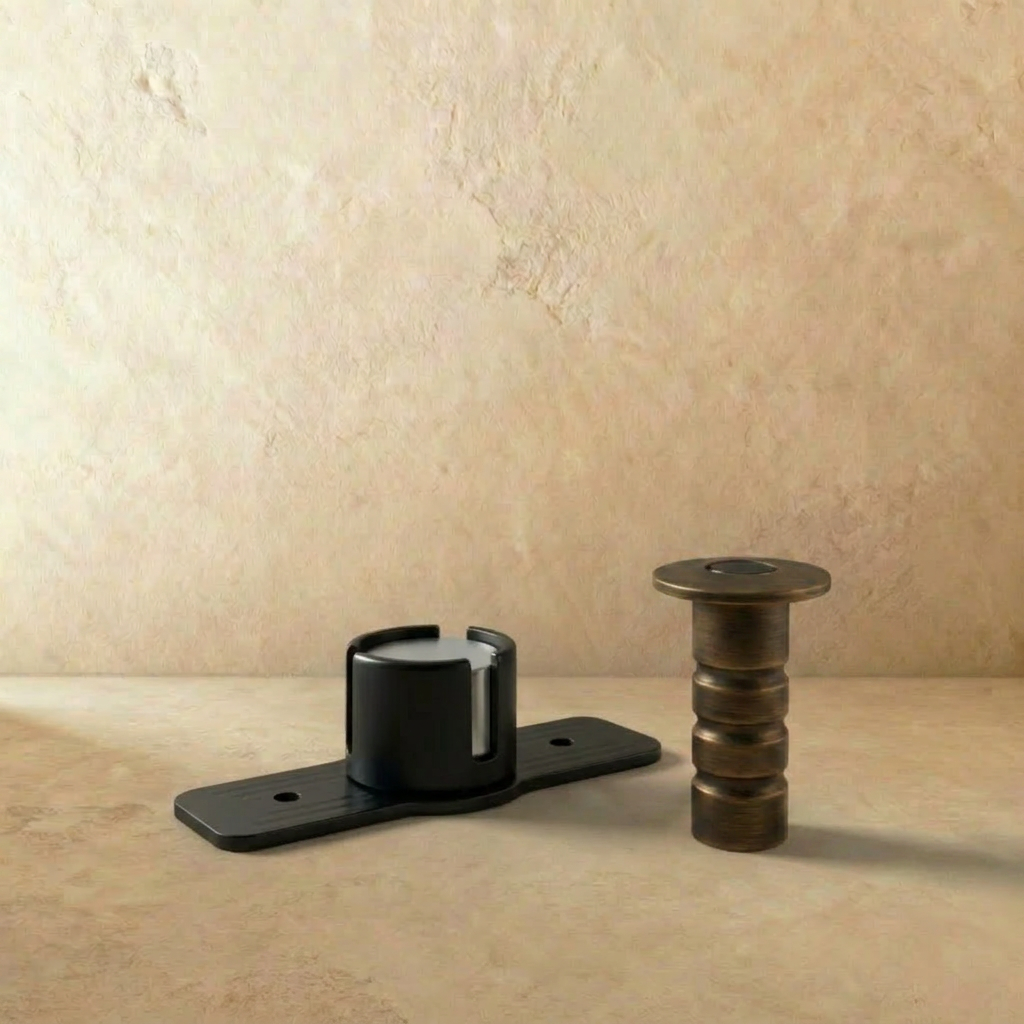Hidden Magnetic Door Stop in Brass, Modern Flush Floor Mounted Door Holder, Concealed Magnet, 4 Finishes, 3.1in