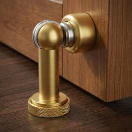 Solid Brass Magnetic Door Stop with Knurled Base, Industrial Floor Mounted Door Holder, Holds Doors Open, 3 Finishes, 3.2in
