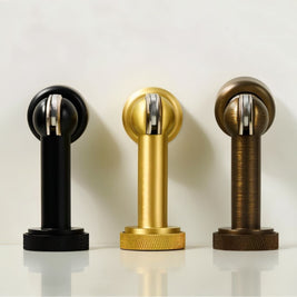 Solid Brass Magnetic Door Stop with Knurled Base, Industrial Floor Mounted Door Holder, Holds Doors Open, 3 Finishes, 3.2in