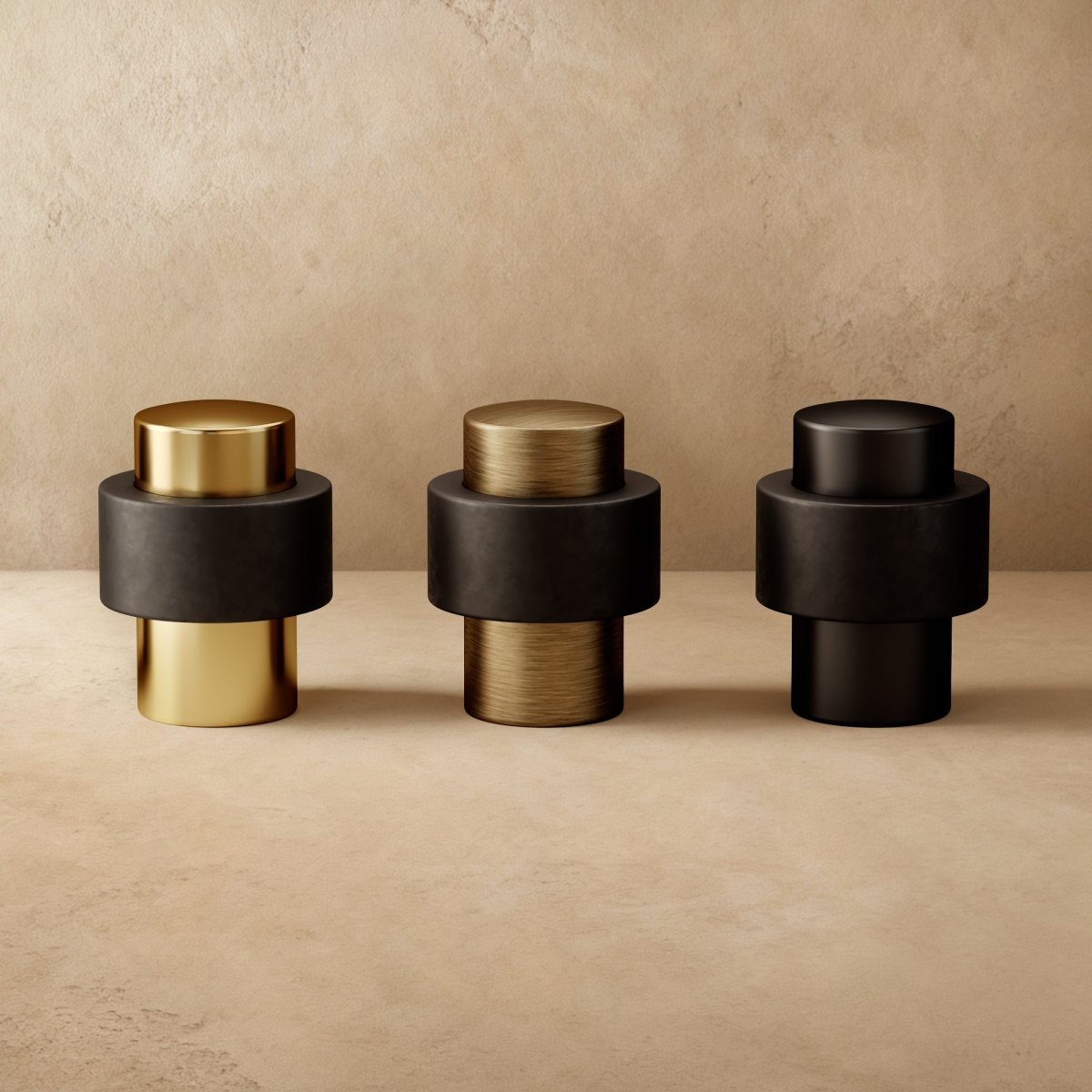 Solid Brass Floor Door Stop, Modern Cylinder Door Stopper for Bedroom & Office, Smooth or Knurled, 3 Finishes, 1-1.5in