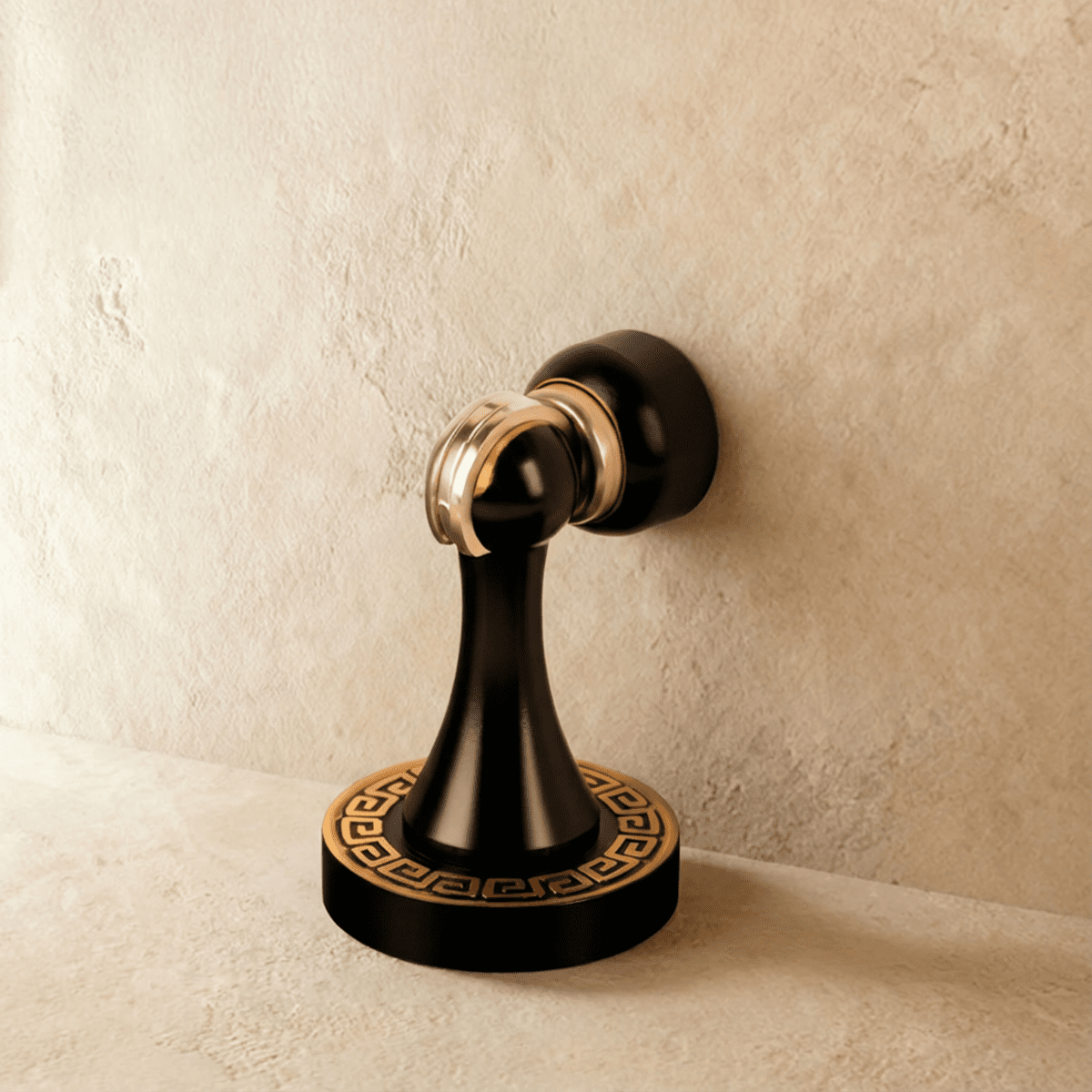 Greek Key Magnetic Door Stopper in Solid Brass, Decorative Floor Mounted Door Holder, Gold Line Detail, 2 Finishes, 3.3in