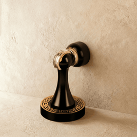 Greek Key Magnetic Door Stopper in Solid Brass, Decorative Floor Mounted Door Holder, Gold Line Detail, 2 Finishes, 3.3in