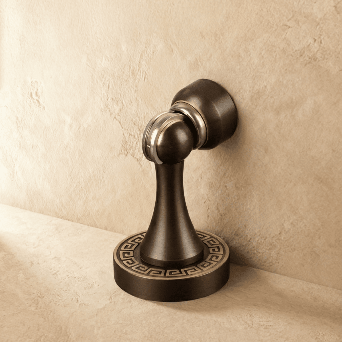 Greek Key Magnetic Door Stopper in Solid Brass, Decorative Floor Mounted Door Holder, Gold Line Detail, 2 Finishes, 3.3in