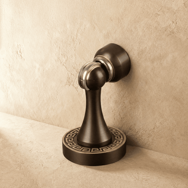 Greek Key Magnetic Door Stopper in Solid Brass, Decorative Floor Mounted Door Holder, Gold Line Detail, 2 Finishes, 3.3in