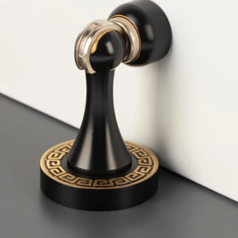 Greek Key Magnetic Door Stopper in Solid Brass, Decorative Floor Mounted Door Holder, Gold Line Detail, 2 Finishes, 3.3in