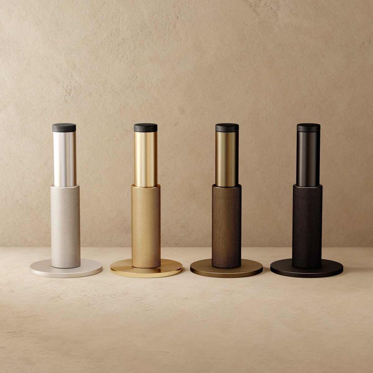Tall Knurled Solid Brass Door Stop with Rubber Cap, Industrial Floor or Wall Mounted Door Stopper, 4 Finishes, 3.9in
