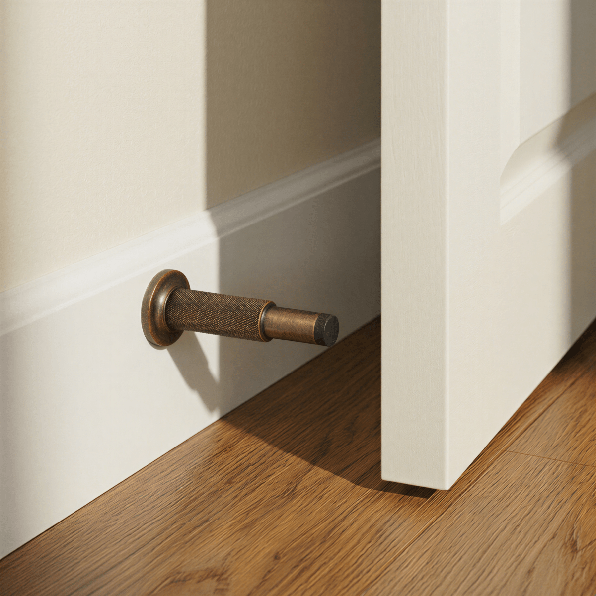 Tall Knurled Solid Brass Door Stop with Rubber Cap, Industrial Floor or Wall Mounted Door Stopper, 4 Finishes, 3.9in