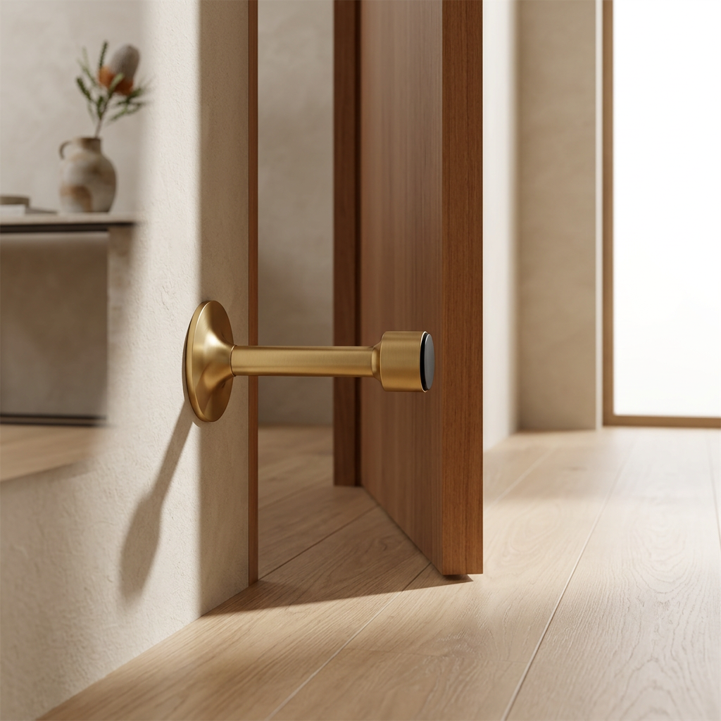 Tall Solid Brass Floor Door Stop with Rubber Tip, Modern Door Stopper, Adhesive or Screw Mount, 4 Finishes, 3.2-4in