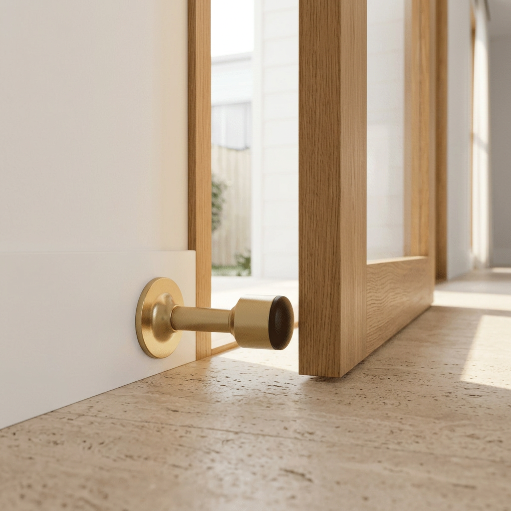 Tall Tapered Magnetic Door Stop in Solid Brass, Modern Floor Mounted Door Holder, Wide Stable Base, 4 Finishes, 3.2-4in