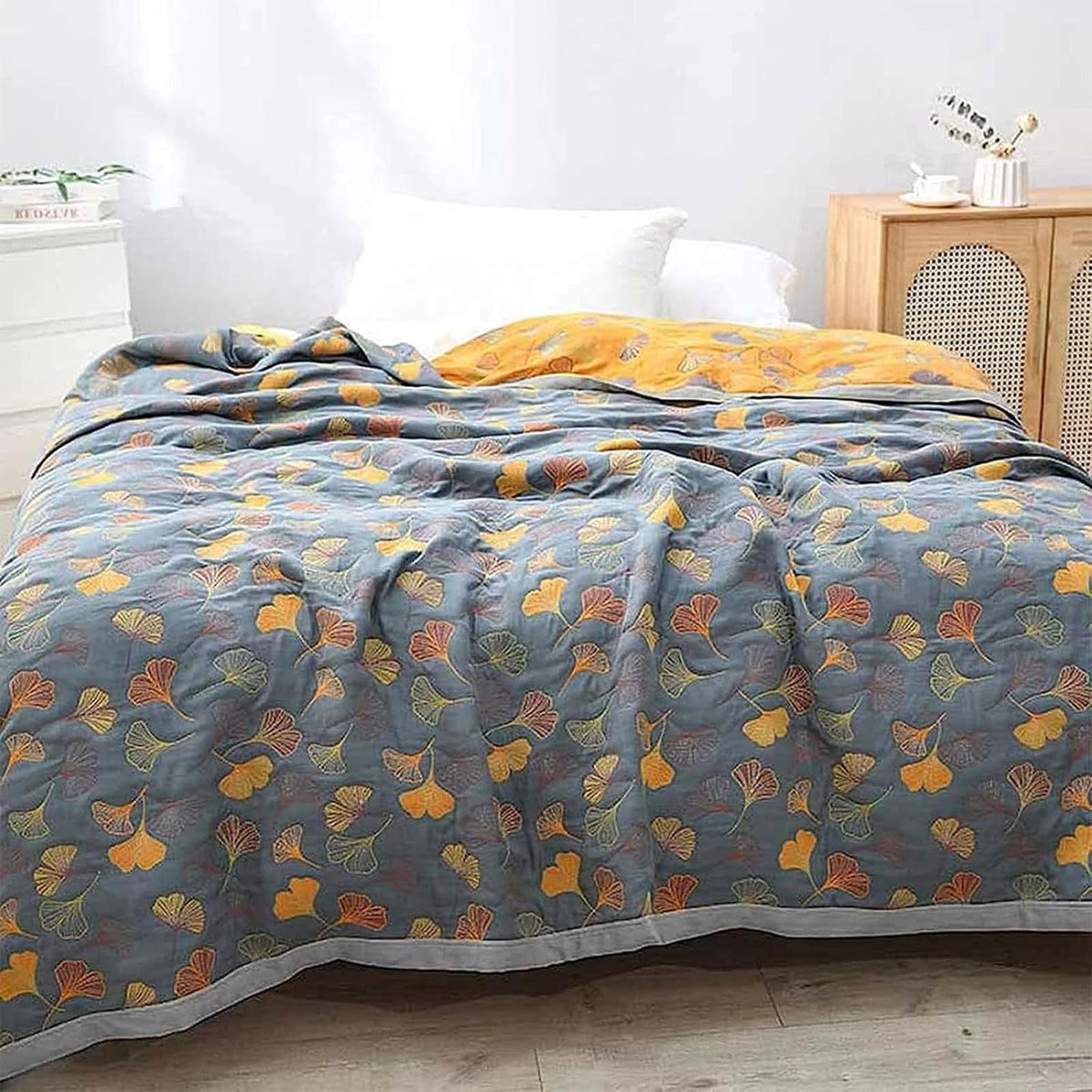 100% Cotton Woven Throw Blanket with Ginkgo Leaf Pattern, Reversible Japandi Bed Coverlet & Sofa Throw, Yellow & Blue, 3 Sizes