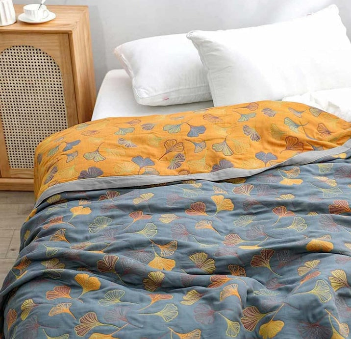 100% Cotton Woven Throw Blanket with Ginkgo Leaf Pattern, Reversible Japandi Bed Coverlet & Sofa Throw, Yellow & Blue, 3 Sizes