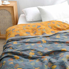 100% Cotton Woven Throw Blanket with Ginkgo Leaf Pattern, Reversible Japandi Bed Coverlet & Sofa Throw, Yellow & Blue, 3 Sizes