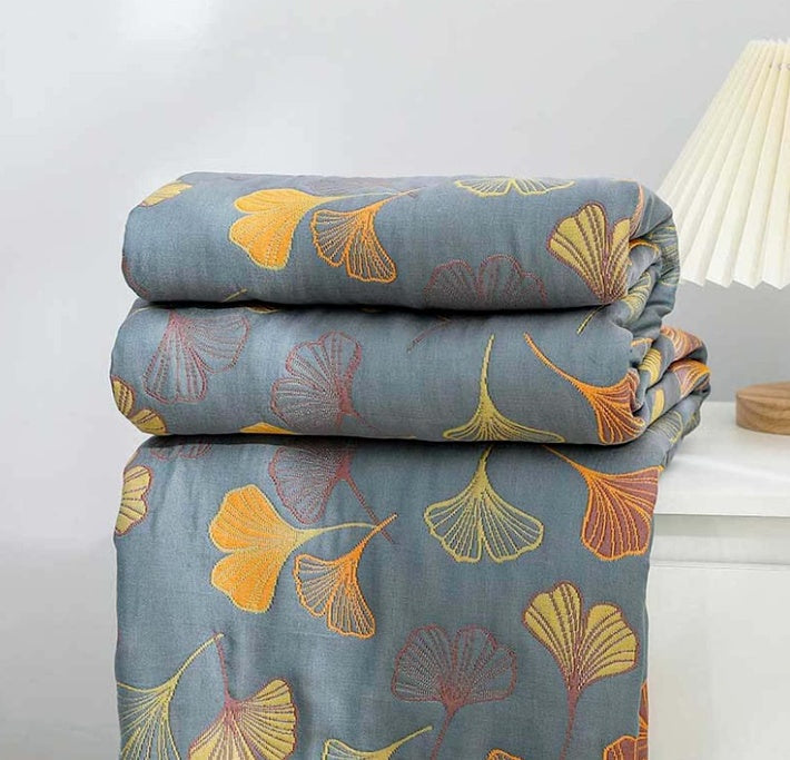 100% Cotton Woven Throw Blanket with Ginkgo Leaf Pattern, Reversible Japandi Bed Coverlet & Sofa Throw, Yellow & Blue, 3 Sizes