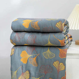100% Cotton Woven Throw Blanket with Ginkgo Leaf Pattern, Reversible Japandi Bed Coverlet & Sofa Throw, Yellow & Blue, 3 Sizes