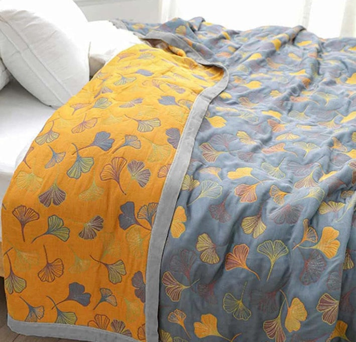 100% Cotton Woven Throw Blanket with Ginkgo Leaf Pattern, Reversible Japandi Bed Coverlet & Sofa Throw, Yellow & Blue, 3 Sizes