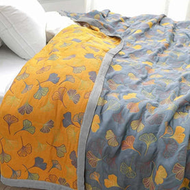 100% Cotton Woven Throw Blanket with Ginkgo Leaf Pattern, Reversible Japandi Bed Coverlet & Sofa Throw, Yellow & Blue, 3 Sizes