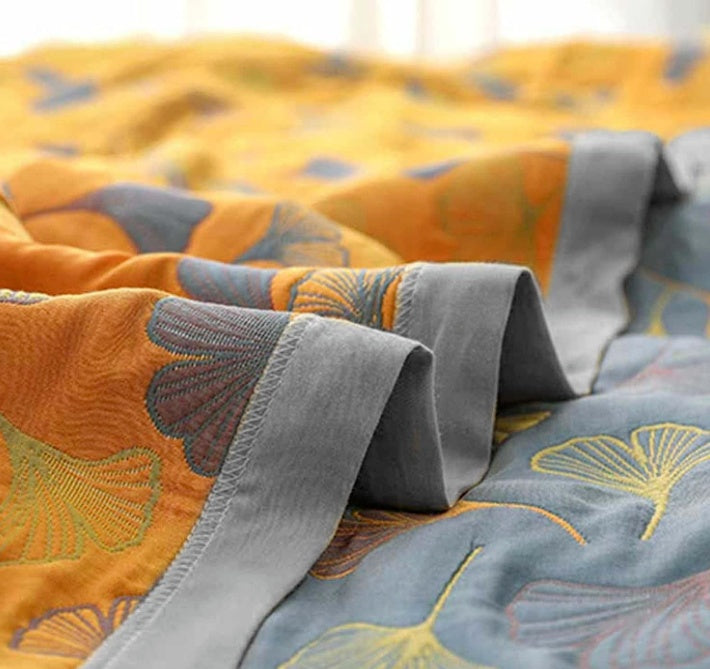 100% Cotton Woven Throw Blanket with Ginkgo Leaf Pattern, Reversible Japandi Bed Coverlet & Sofa Throw, Yellow & Blue, 3 Sizes